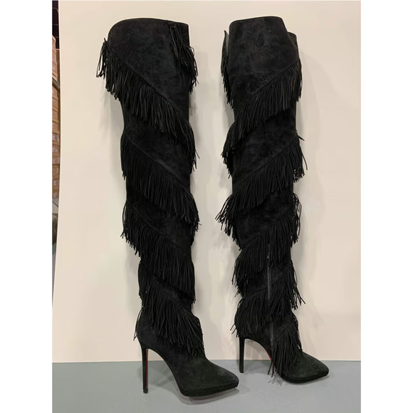 Christian Louboutin Bolcheva 120 Black Fringe Thigh High OTK Knee Heel Boot 36.5 - Picture 4 of 12
